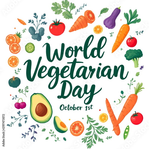 World Vegetarian Day October 1st Banner Flat Vector Illustration Fresh Organic Vegetables Fruits Harvest Frame Background