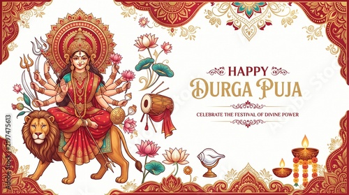 Goddess Durga riding a lion with multiple arms holding weapons and symbols Keywords: Durga, Puja