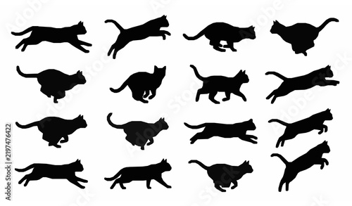 Collection of black cat silhouettes in various playful running and jumping poses