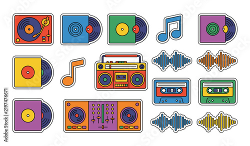 Retro music and audio equipment sticker set featuring vinyl records turntables cassettes and sound wave visualizations for