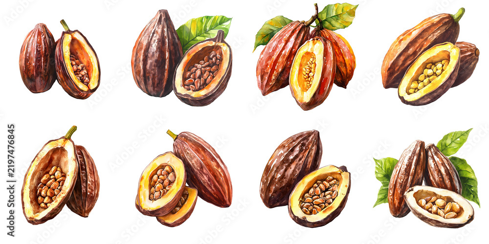 Obraz premium Arrangement of watercolor illustrations featuring open and whole cocoa pods on black backdrop