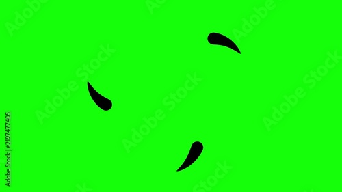 Animated three black drops of liquid moving from the center and spinning in a circle. Fluid effect. Looped video. Vector illustration isolated on green background. 
