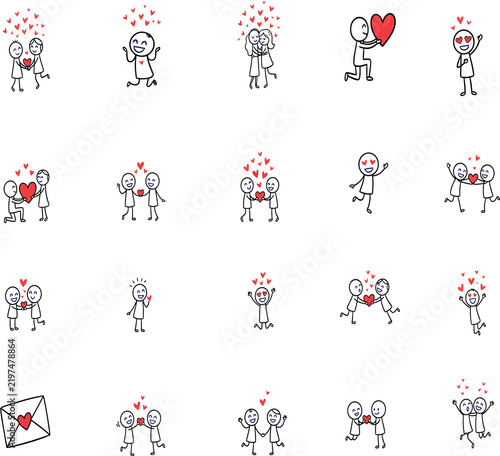 Stick figure couples and hearts depict romantic love on a white background