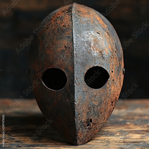 An old rusty helmet on weathered wood tells tales of battles long ago