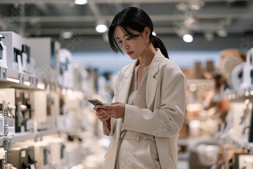Woman shopping in store browsing on smartphone