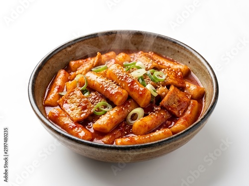 Spicy Korean Tteokbokki Rice Cakes in Gochujang Sauce. For Korean restaurant menus, street food advertising, food delivery promotions, recipe websites, cooking videos, culinary blogs, Asian food campa