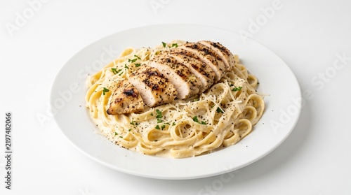 Creamy fettuccine alfredo with sliced grilled chicken breast on a white plate