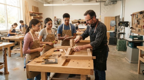 Diverse students learning woodworking skills from a professional instructor in a workshop setting