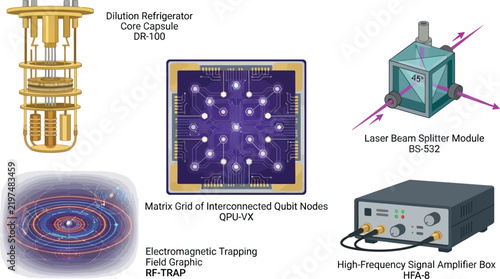 Foto Quantum Computing Hardware Icon Set Featuring Qubit Matrix Grid, Dilution Refrig