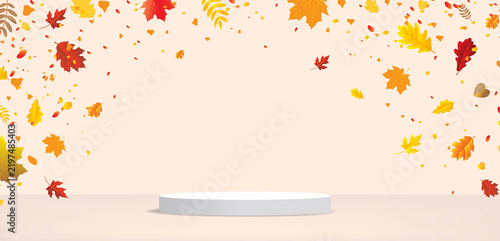 Autumn Banner With Podium And Autumn Leaf
