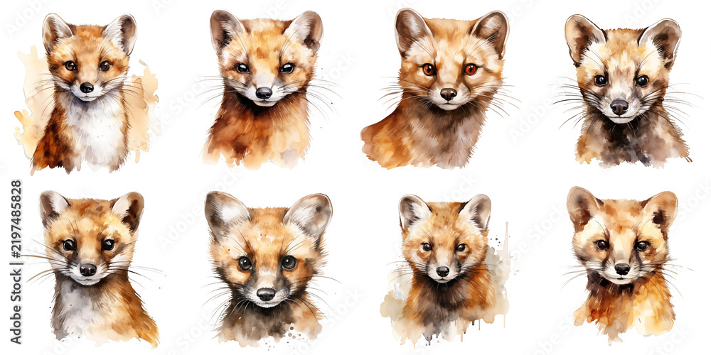 Obraz premium Watercolor painting featuring eight adorable fox portraits against a black background