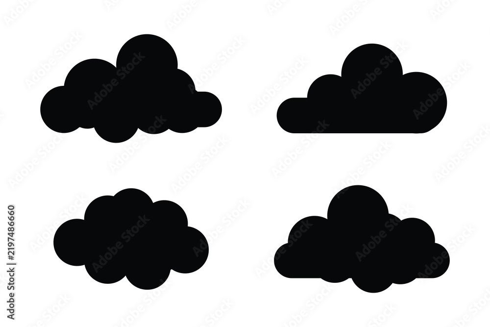 Obraz premium Collection of black flat, filled cloud icons on a white background. Various glyph cloud shapes, cloud patterns, and cloud designs. Perfect for weather, sky, and nature themes. Weather illustration