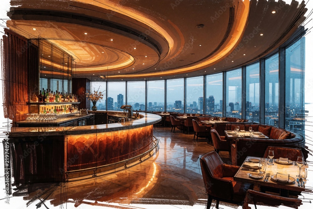 Obraz premium Hand drawn sketch of modern luxury restaurant interior with panoramic windows. Designer concept shows elegant bar area, dining tables, leather chairs. High end eatery features city skyline view, warm