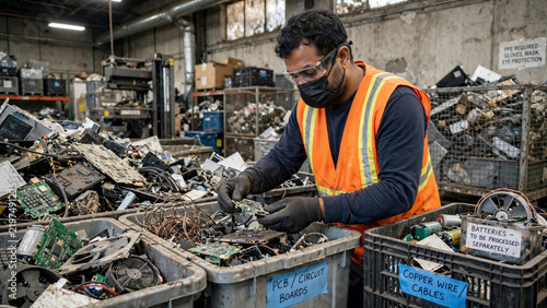 South Asian waste worker sorting electronic e waste recycling materials wearing protective face mask