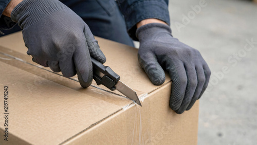 Close up of warehouse worker hands using utility box cutter knife to neatly open cardboard shipping package