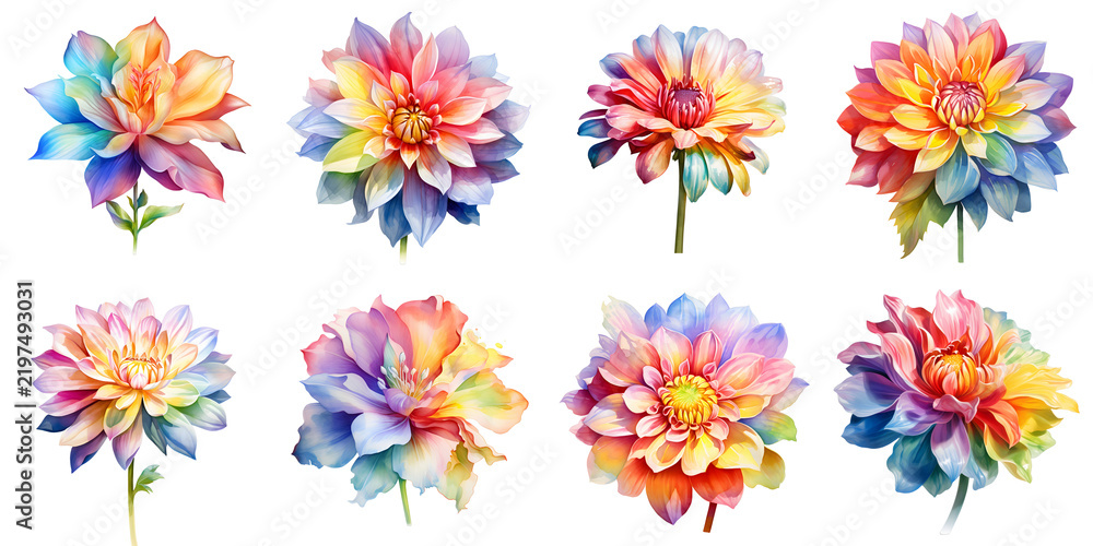 Obraz premium Vibrant dahlia blossoms display a watercolor rainbow spectrum on a stark black background