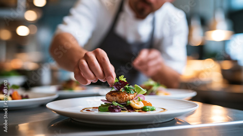 Close up of a chef plating a delicate garnish on a gourmet dish in a bright modern restaurant kitchen, hospitality service, culinary artistry, fine dining concept, with copy space