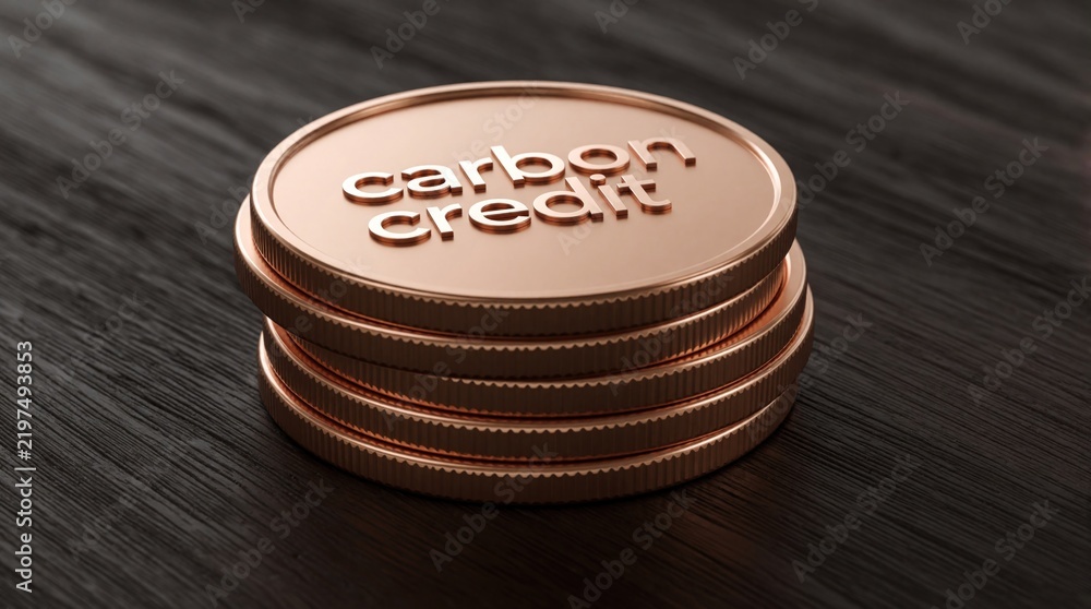 Obraz premium Copper coins stacked with carbon credit text signify environmental finance and trading. Sustainable economy concept, offset reduction, and climate policy illustration. Investment in eco initiatives.