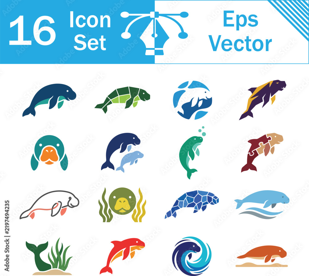 Fototapeta premium Set of 16 vector manatee icon illustrations in various creative styles