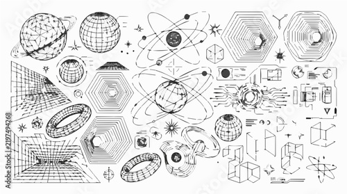 Retro Futuristic Y2K Cyberpunk Wireframe Grid and Cosmic Planet Vector Collection