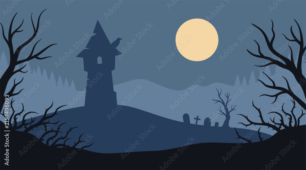 Obraz premium A spooky halloween background vector featuring a haunted house silhouette on a hill under a full moon in the night sky