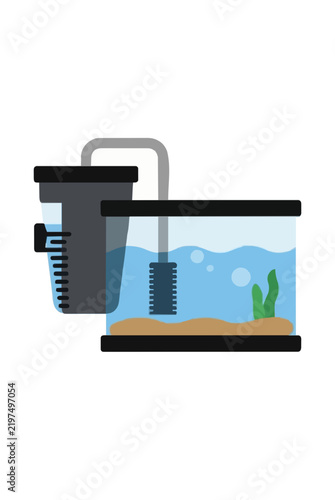 Aquarium Filter System Flat Vector Icon Illustration - External Canister Filter with Fish Tank, Water, Plants, Sand and Bubbles - Minimalist Pet Care Equipment Graphic Design Element