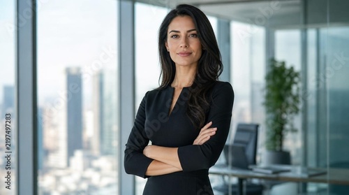 Confident elegant businesswoman in tailored black dress standing with crossed arms in modern glass office with city skyline view, professional corporate portrait of dark-haired female executive