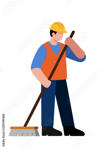 Construction worker cleaning solar panels with long brush flat vector icon illustration, maintenance man in orange vest and yellow hard hat holding cleaning tool, simple minimal design