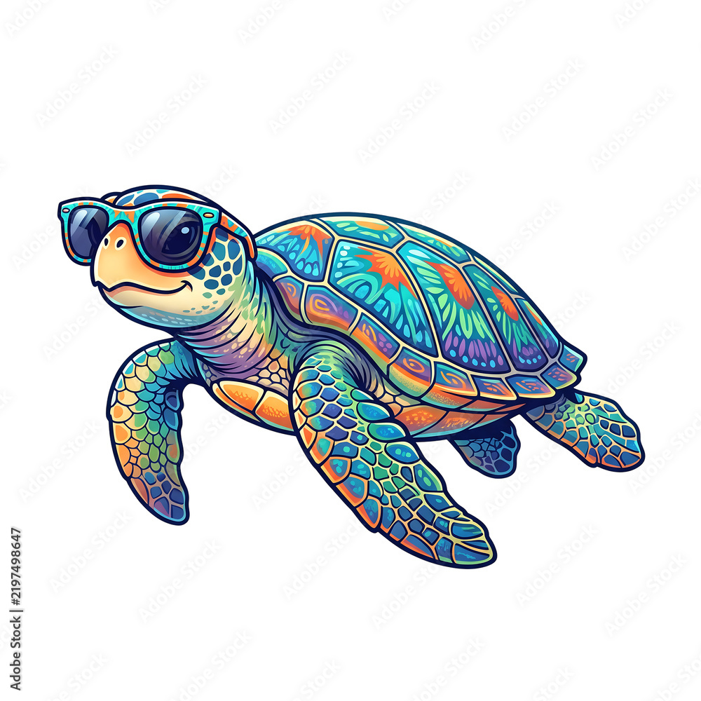 Fototapeta premium Colorful sea turtle wearing sunglasses isolated on white background