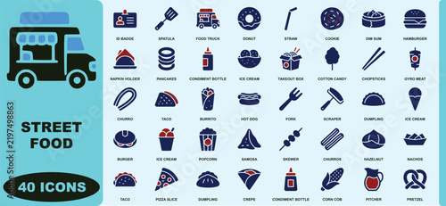 Street food and fast food collection featuring forty blue and red flat burger