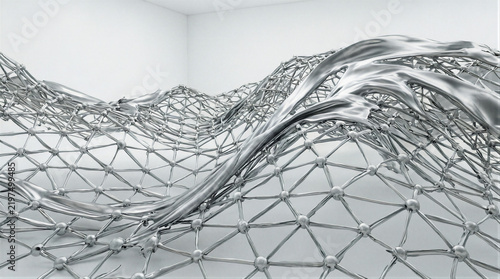 Liquid metal abstract background morphing surface over matte chrome geometric nodes for modern technology and design concepts
