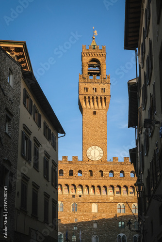 Torre di Arnolfo seen through the dark street, Florence, Italy