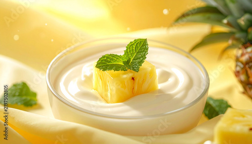 Pineapple yogurt with fresh mint garnish on soft tropical yellow background