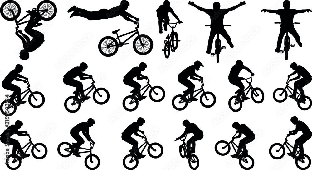 Obraz premium Set of silhouettes of people performing various extreme stunts on bmx bicycles