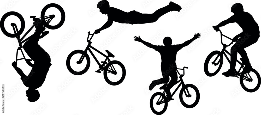 Obraz premium Set of silhouettes of bmx riders performing various stunts and tricks