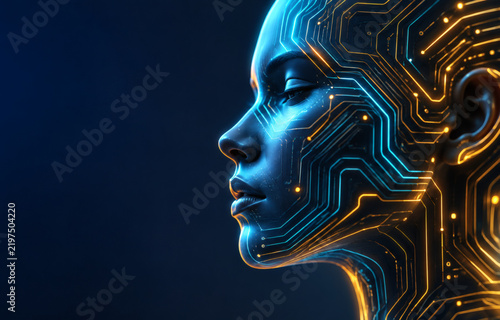 Futuristic Female Face Profile with Glowing Circuit Board Pattern
