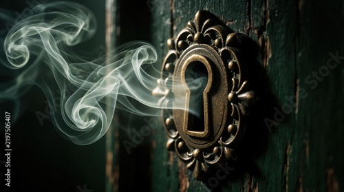 White smoke drifts across dark aged wood surface near an antique door knocker lock. Mysterious vapor suggests secrets hidden beyond the portal.