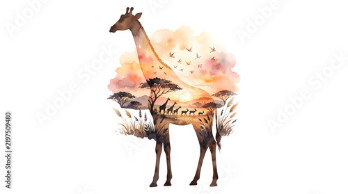 Watercolor illustration of a giraffe silhouette containing a beautiful african savanna sunset landscape isolated on transparent background