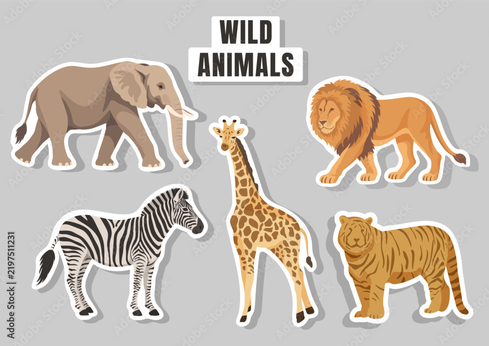 Obraz premium Cute cartoon wild animals sticker set featuring elephant, giraffe, lion, zebra, and tiger. Isolated vector elements for design and kids projects