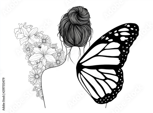 Elegant Woman with Butterfly Wing Tattoo in Artistic Black and White