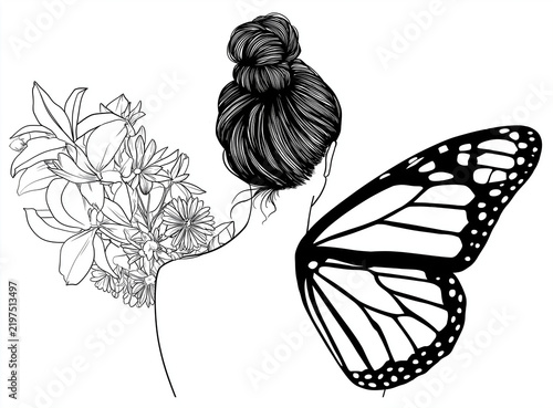 Elegant woman with butterfly wing and floral hair accessory