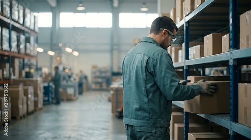 Warehouse worker in safety vest and goggles checking stock on storage shelf with supply chain storage shelves cardboard boxes warehouse inventory distribution center safety gear