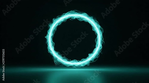 A glowing cyan ring floats against a dark background