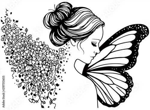 Elegant woman with butterfly-inspired makeup and hairstyle