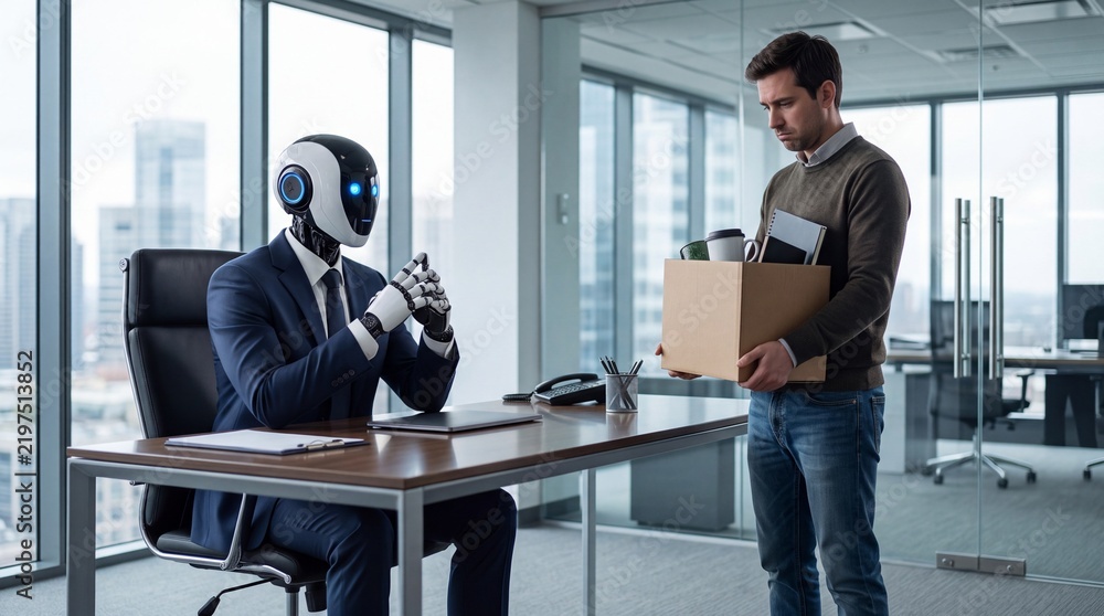 Fototapeta premium A Conceptual Business Photograph Featuring a Sad Employee Being Let Go by an Artificial Intelligence Robot Manager in a Modern Office Setting
