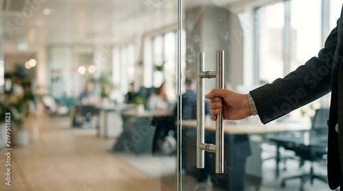 Business professional hand pulling open a modern glass office door handle with opening door entering office business entry glass partition corporate environment office space