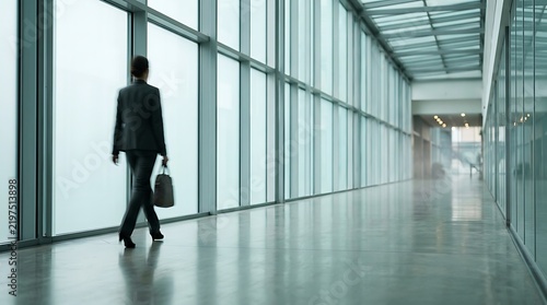 A businesswoman in a suit walking down a long modern glass corridor with modern office glass hallway corporate building business suit career woman glass architecture business jour