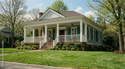 Upscale enclave features American foursquare with wide porch, white railings, and green shutters surrounded by large lawns and landscaped islands