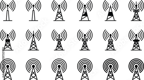 Telecommunication radio tower antennas and cellular transmission signal line icons set vector illustrations for wireless communication network