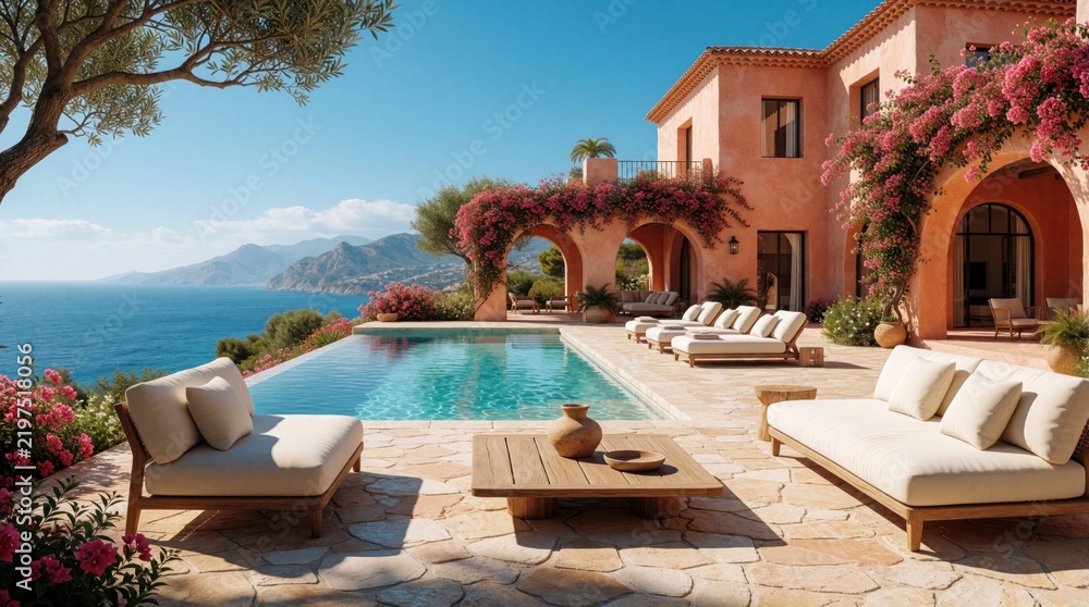 Fototapeta premium Luxury villa with infinity pool overlooking ocean. Orange stucco house features arches, pink flowers, comfortable patio furniture. Relaxing seaside resort with mountain backdrop perfect for vacation.
